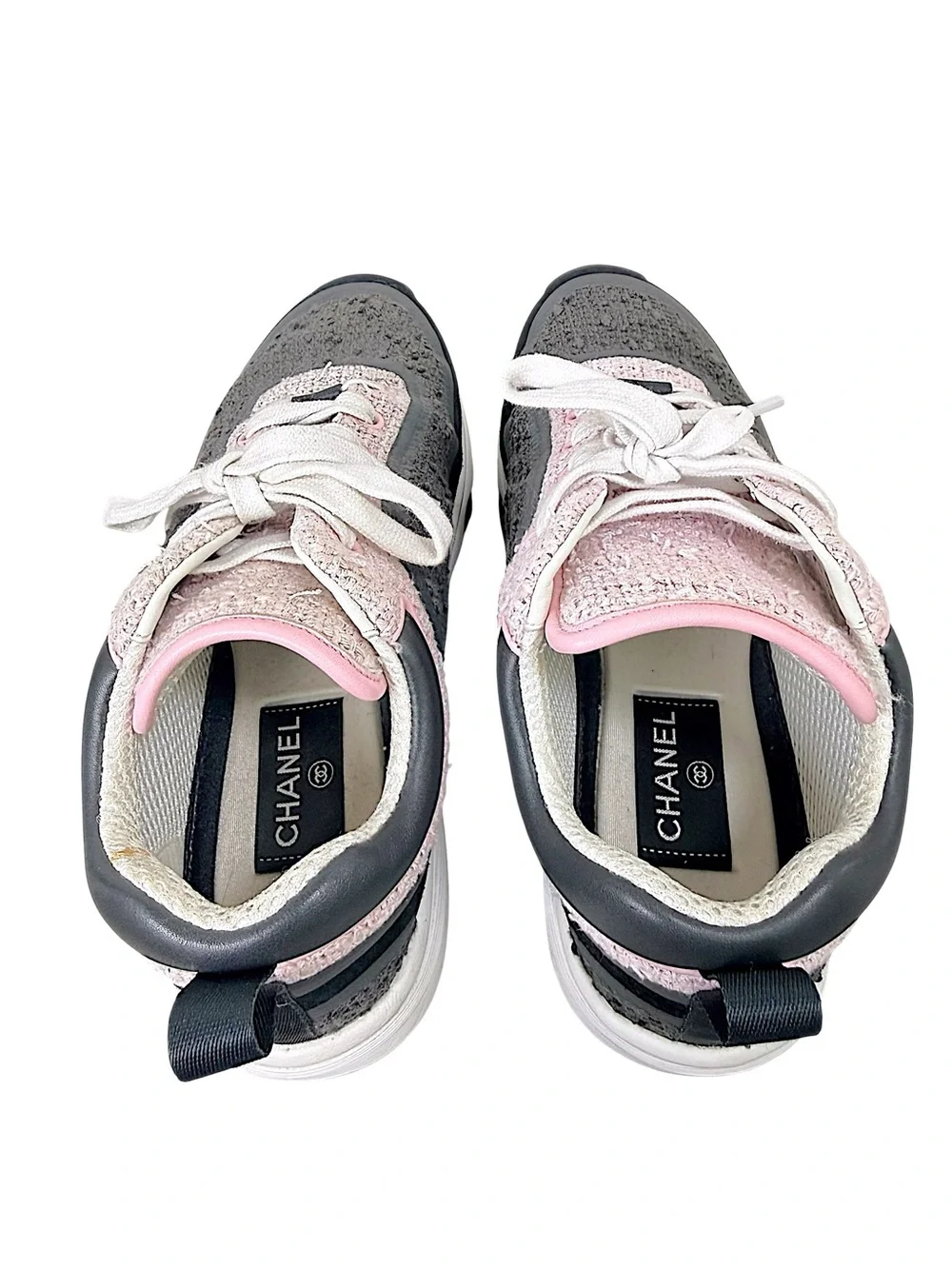 Chanel 2021 Pink Grey Tweed CC Sneakers 37.5